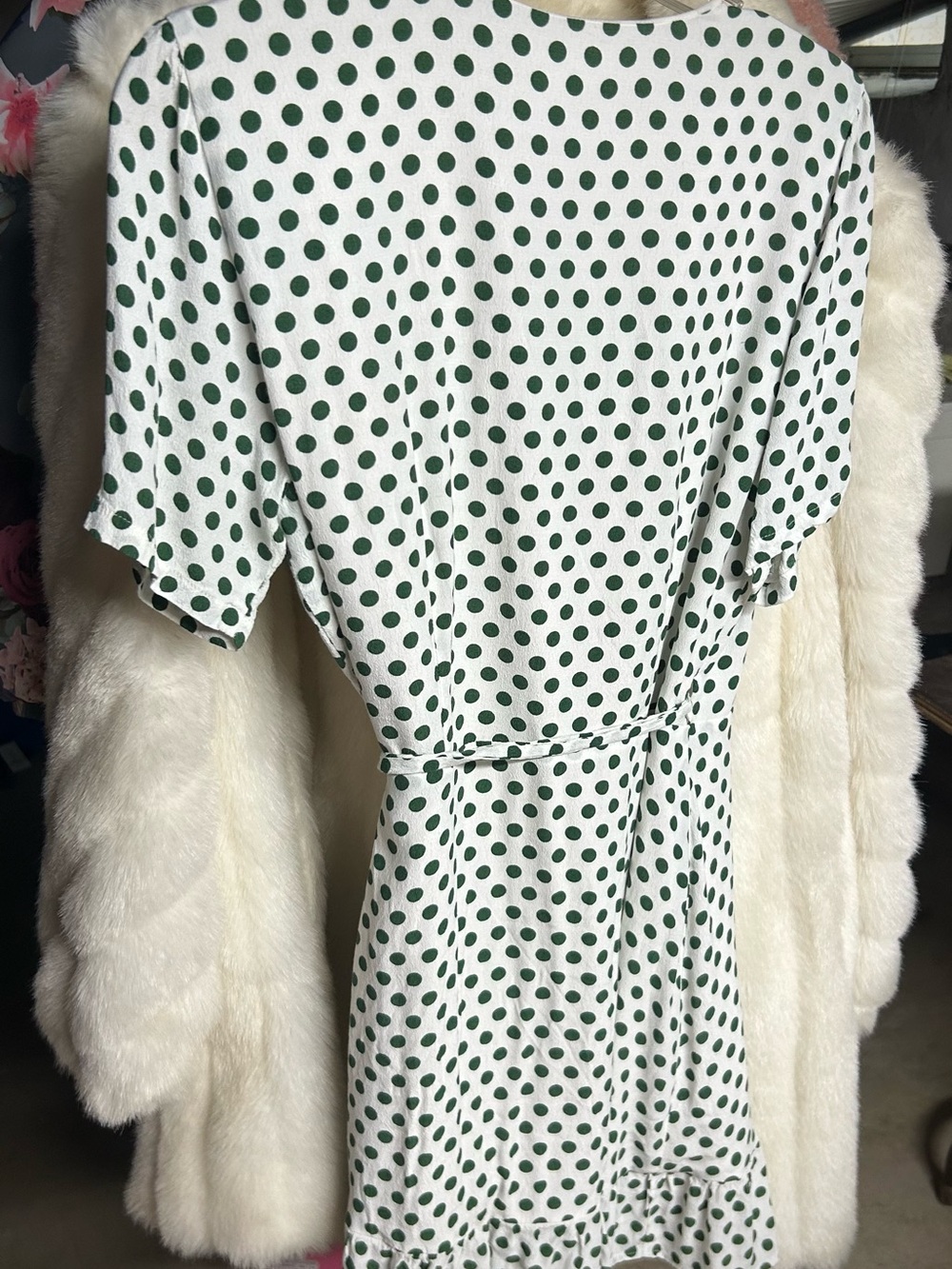 Privacy Please White Dress with Soft Green Polka Dots